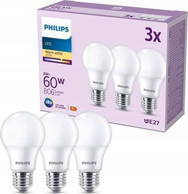 Signify Philips LED κλασική λάμπα 60W E27 θερμό λευκό 806lm ματ 3 τεμ
