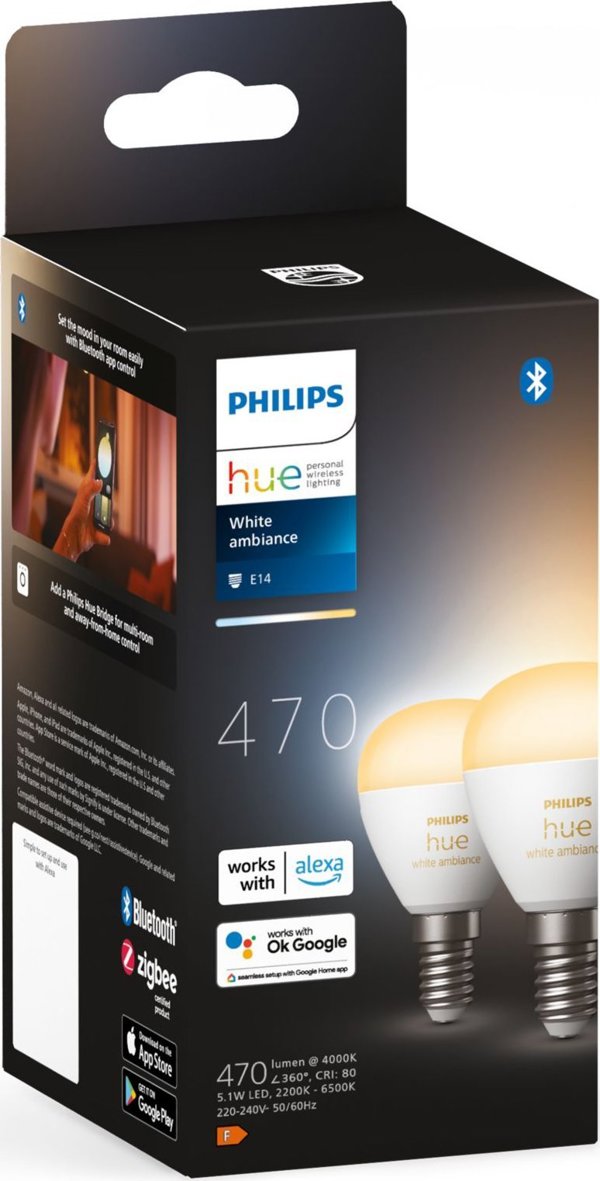 Signify Philips Hue White Amb. E14 Λάμπα Σταγόνα Διπλή Συσκευασία 2x470lm