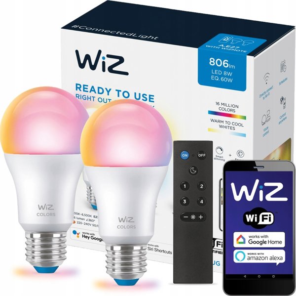 Signify WiZ White & Color 60W E27 A60 Τυπική μορφή 2er +Τηλεχειριστήριο