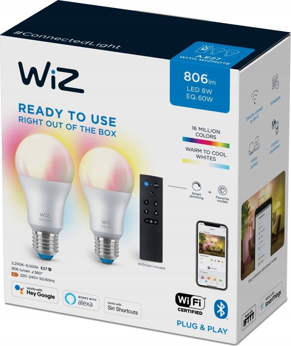 Signify WiZ White & Color 60W E27 A60 Τυπική μορφή 2er +Τηλεχειριστήριο