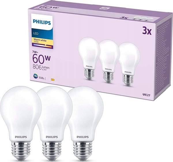 Signify Philips LED classic Lampe 60W E27 Warmweiß 806lm matt 3er P