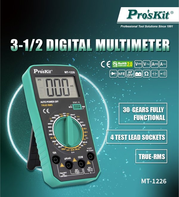 Ψηφιακός πολύμετρος, TRMS, 1000/750 V AC/DC, 10A, 200MOm, 200uF, με λειτουργίες δοκιμής διόδου, τρανζίστορ, κυκλώματος, Pro'sKit