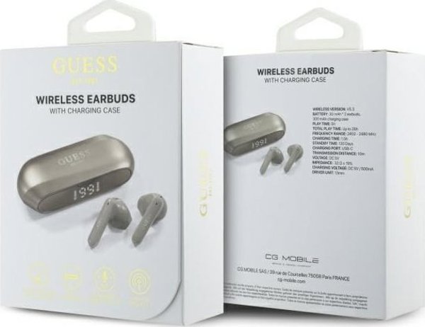 Ακουστικά Guess Guess Bluetooth GUTWSC2MCDSD TWS + σταθμός σύνδεσης χρυσό/χρυσό Επιμήκης Μεταλλική Εκτυπωμένη Λογότυπο