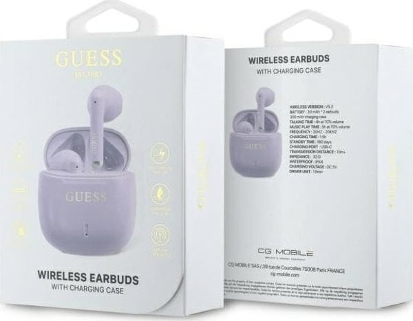 Ακουστικά Guess Bluetooth TWS GUTWSJ14ESGU, Ασύρματα Ακουστικά με Θήκη Φόρτισης, Printed Classic Logo, Μωβ