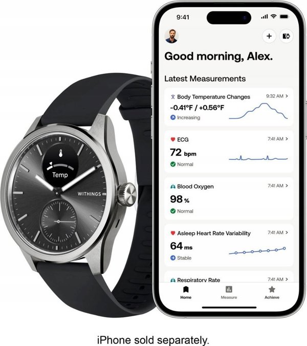 Έξυπνο ρολόι Withings Withings Scanwatch 2 - ρολόι με λειτουργία ΗΚΓ, μέτρηση παλμών και SPO2 καθώς και μέτρηση φυσικής δραστηριότητας και ύπνου (42mm, μαύρο)