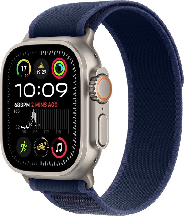 Apple Watch Ultra 2 (GPS + Cellular) 49mm Natural Titanium Case with Blue Trail Band, S/M (MX4J3)