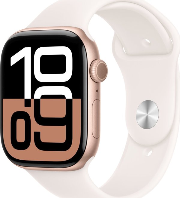 Apple Watch Series 10 (GPS) 42mm Ροζ Χρυσό Αλουμινένια Θήκη με Κόκκινο Αθλητικό Λουράκι, S/M (MWWH3)