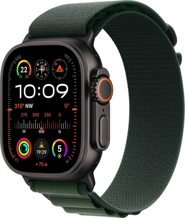 Apple Watch Ultra 2 (GPS + Cellular) 49mm Black Titanium Case with Dark Green Alpine Band, Large (MX4T3)