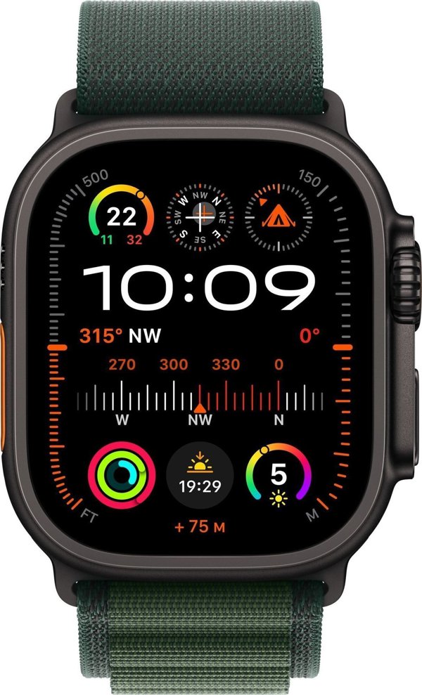 Apple Watch Ultra 2 (GPS + Cellular) 49mm Black Titanium Case with Dark Green Alpine Band, Large (MX4T3)