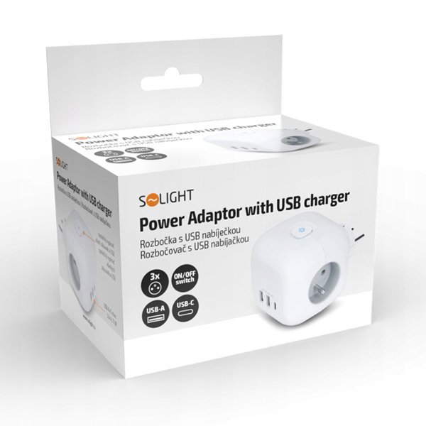 Πολύπριζο κύβος Solight, 3x 16A + USB A+C, λευκό, διακόπτης