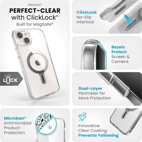 Speck Speck Presidio Perfect-Clear ClickLock & Magsafe - Θήκη iPhone 15 Plus / iPhone 14 Plus (Διαφανές / Φινίρισμα Χρωμίου / Γαλήνιο Ασημί)