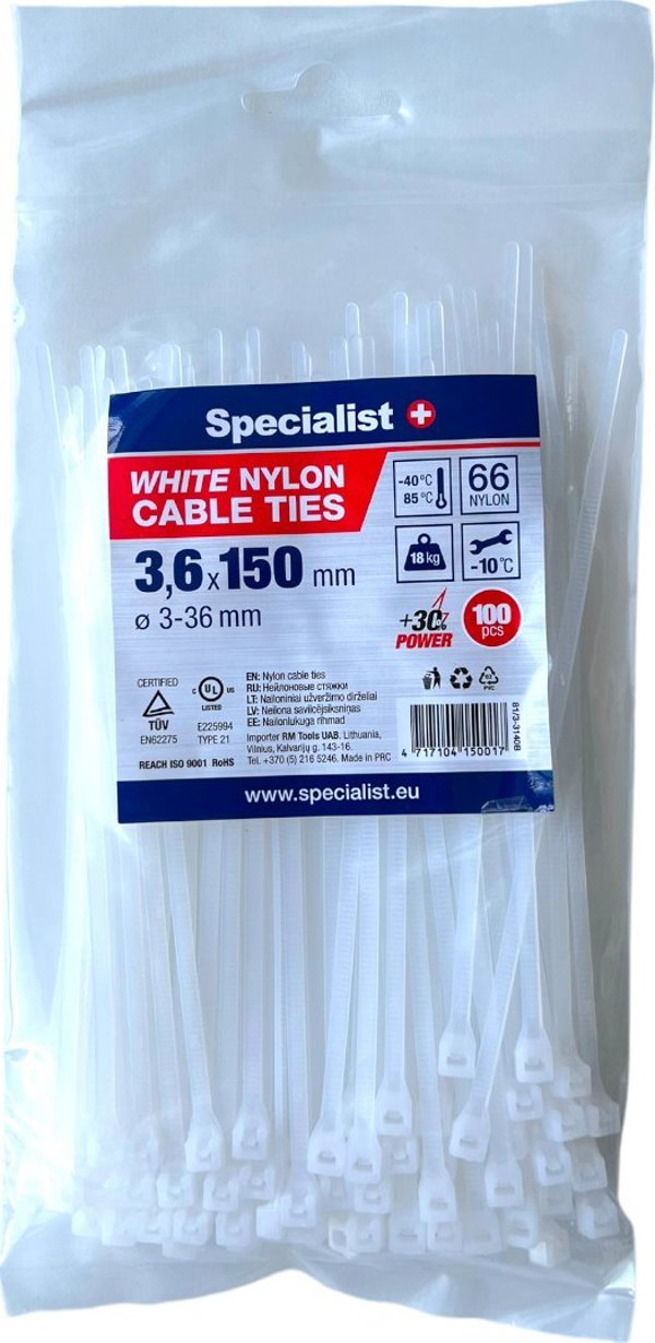 Specialist+ SPECIALIST+ nylon. strap, white, 3.6x150 mm, 100 pcs.