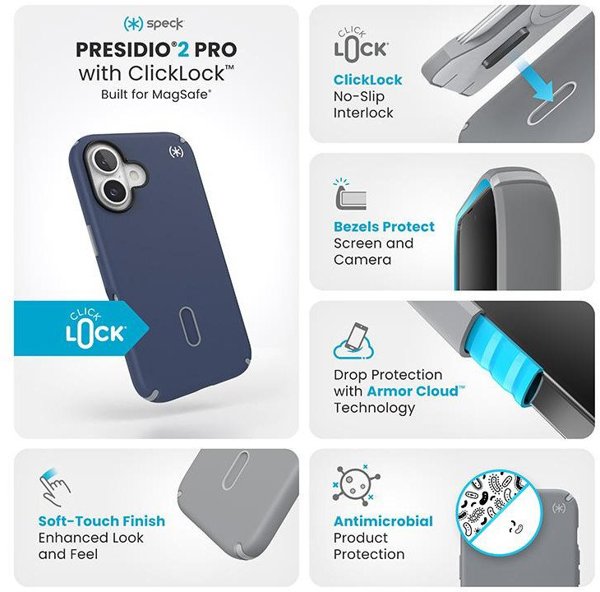 Speck Speck Presidio2 Pro ClickLock & MagSafe - Θήκη iPhone 16 (Coastal Blue / Dust Grey / White)