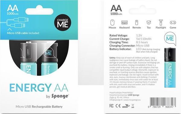 Sponge Επαναφορτιζόμενη Μπαταρία Micro USB AAA / R03 450mAh 2 τεμ.