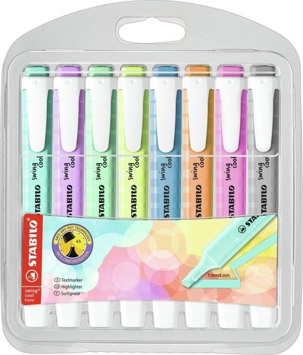 STABILO Swing Cool Pastel Υπογραμμιστής, Σετ 8 Χρωμάτων, Με Κλιπ και Αεριζόμενο Καπάκι
