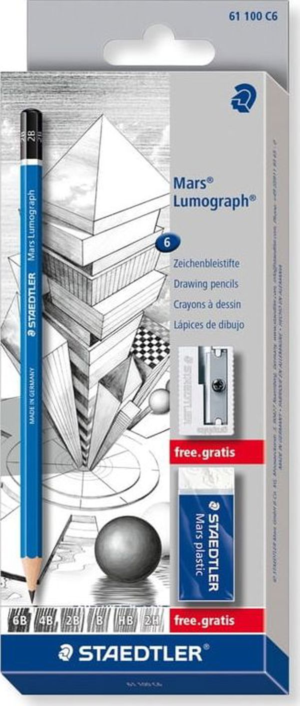 Staedtler Σετ Μολύβια Σχεδίου Lumograph, 6 Τεμάχια με Γόμα, για Γραφή, Σκίτσο και Σχέδιο, 2H-6B