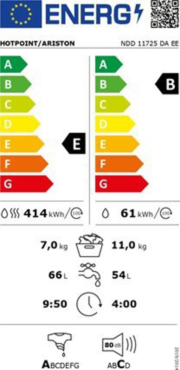 Στεγνωτήριο ρούχων Hotpoint Hotpoint Πλυντήριο Ρούχων Με Στεγνωτήριο NDD 11725 DA EE Ενεργειακή κλάση E, Μπροστινή φόρτωση, Χωρητικότητα πλύσης 11 kg, 1551 RPM,