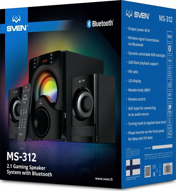 SVEN MS-312 μαύρο Bluetooth FM USB Display RC μονάδα ισχύος εξόδου 20W+2x10W (RMS)