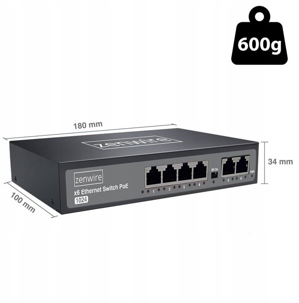 Switch Τροφοδοτικό Διαχωριστής POE LAN 8 Θύρες 6 Ethernet RJ45 100Mbps για Κάμερες
