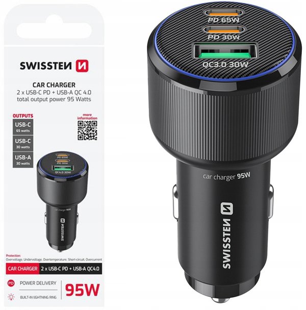 Swissten Car Charger 2x USB-C PD / USB / 95W