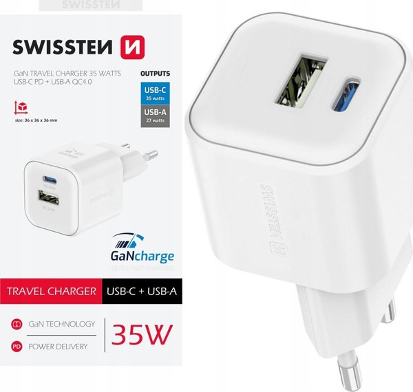 Προσαρμογέας δικτύου Swissten GaN 35W, 2 θύρες, USB-A + USB-C, Smart IC