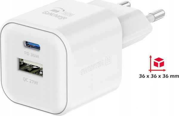 Προσαρμογέας δικτύου Swissten GaN 35W, 2 θύρες, USB-A + USB-C, Smart IC