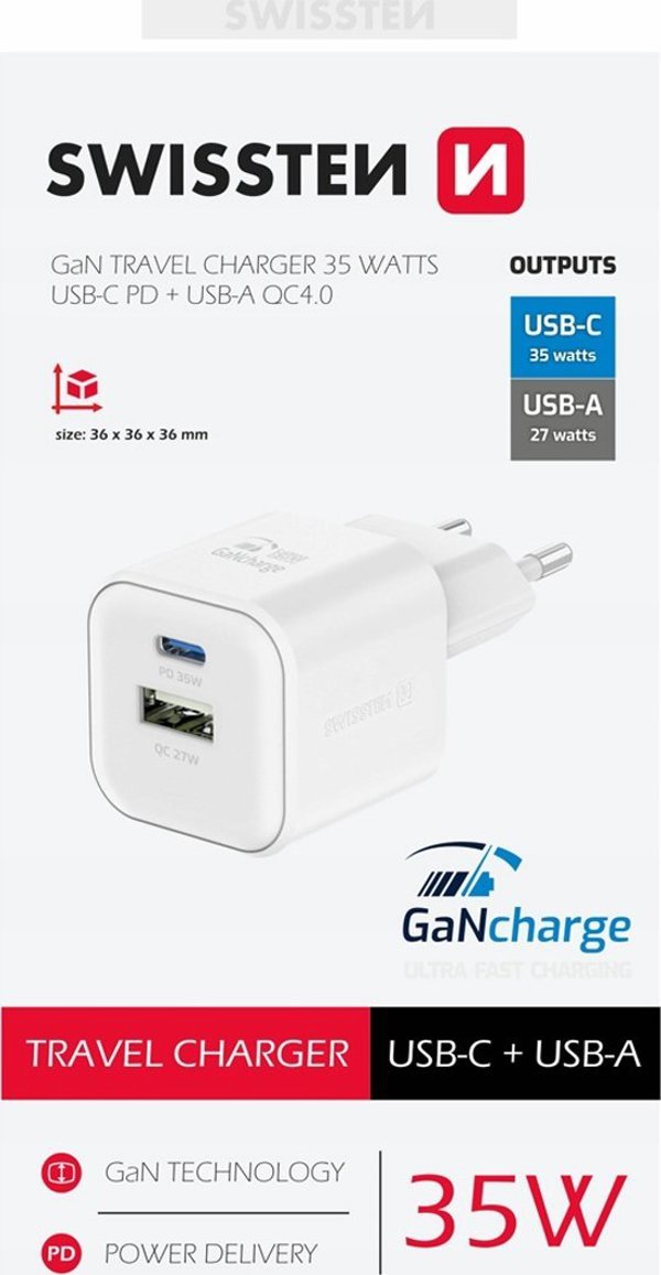 Προσαρμογέας δικτύου Swissten GaN 35W, 2 θύρες, USB-A + USB-C, Smart IC