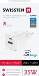 Προσαρμογέας δικτύου Swissten GaN 35W, 2 θύρες, USB-A + USB-C, Smart IC