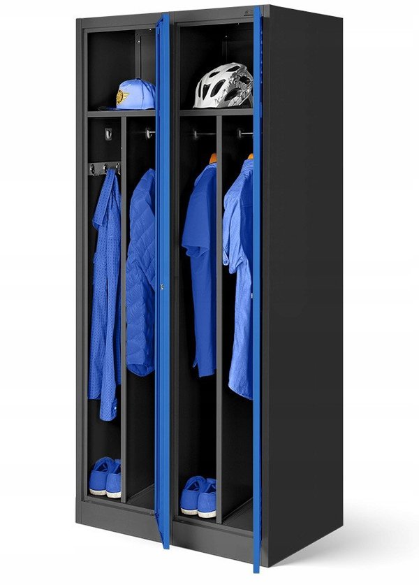 Szafa socjalna BHP ubraniowa czterokomorowa KACPER, 800 x 1800 x 500 mm, antracytowo-niebieska