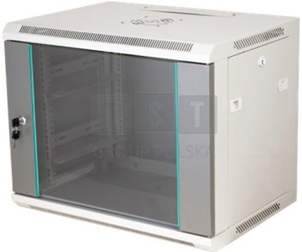 Επιτοίχιο ντουλάπι 19" 9U 600x450, μη διαιρεμένο, μονόφυλλη γυάλινη πόρτα, πλήρης πίσω κάλυψη, πλευρικά καλύμματα με κλειδαριά, γκρι χρώμα FLAT PACK, Q-LANTEC