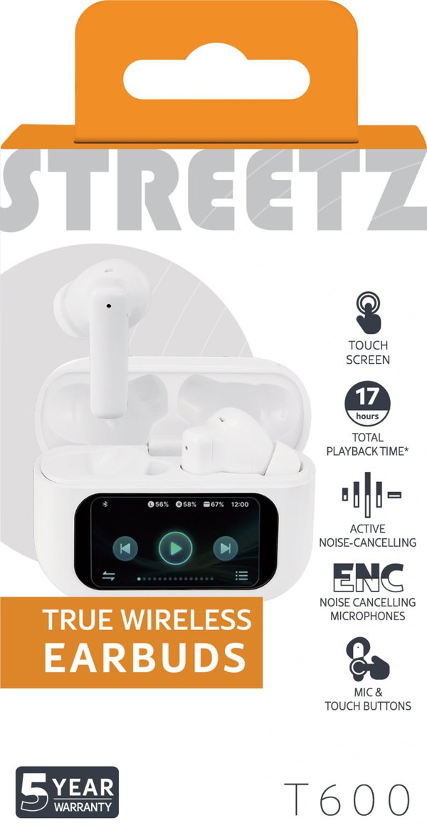 T600 TWS ausinės STREETZ , su LCD, ANC ir ENC, baltos / T600-WHT / 6612113
