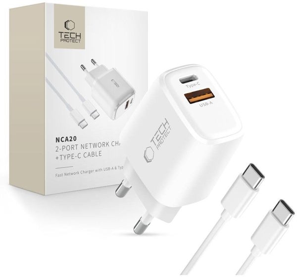 Φορτιστής Δικτύου Tech-Protect NCA20 20W PD / QC3.0, 2 Θυρών με Καλώδιο Type-C, Λευκό