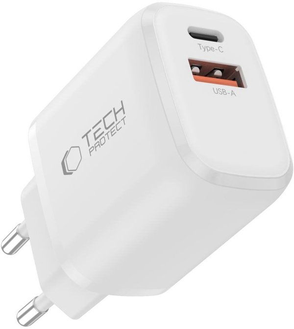 Φορτιστής Δικτύου Tech-Protect NCA20 20W PD / QC3.0, 2 Θυρών με Καλώδιο Type-C, Λευκό