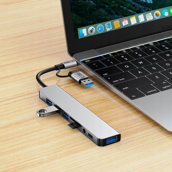 Προσαρμογέας HUB TECH-PROTECT HB06 9IN1 TYPE-C + USB2.0 + USB3.0 + SD/TF + AV3.5 SPACE GREY