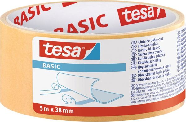 Tesa Ταινία Διπλής Όψης Basic, Πολυπροπυλενίου, Διαφανής, 5m x 38mm