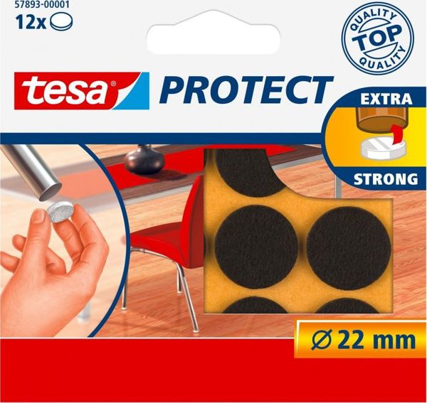 Tesa Αυτοκόλλητα Προστατευτικά Τσόχινα Υποστρώματα Επίπλων, Στρογγυλά, Διάμετρος 22mm, Καφέ, 12 Τεμάχια