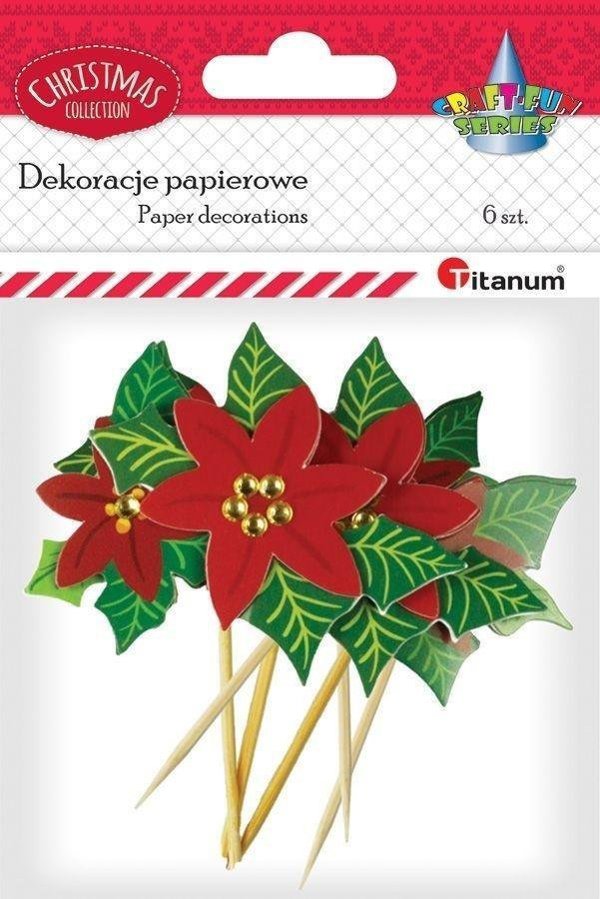 Titanum Χάρτινα Διακοσμητικά 3D Poinsettia, Χριστουγεννιάτικα Στολίδια σε Στικ, 6 Τεμάχια, 64x57mm & 48x49mm