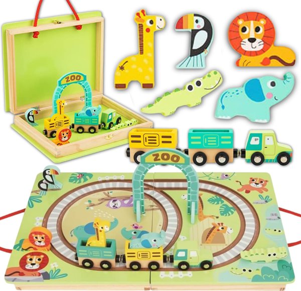 Tooky Toy Ξύλινη Βαλίτσα Πίστα Ζώα ΖΩΟ Οχήματα Βαγόνια