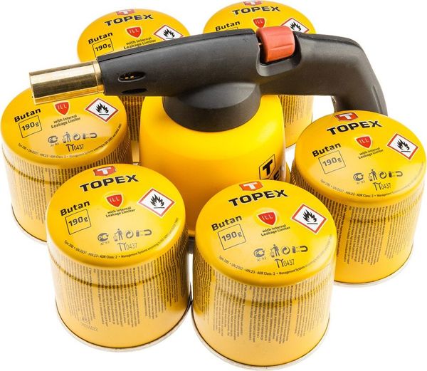 TOPEX Φυσητήρας Γκαζιού 1.9kW με 6 Φυσίγγια Προπανίου-Βουτανίου 190g, Ρυθμιζόμενη Φλόγα 1350°C, 44E148