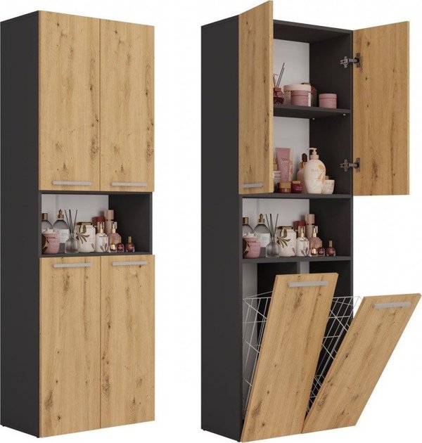 Topeshop Στήλη Μπάνιου Nel με Καλάθι Απλύτων 60x30x174 cm, Δρυς Artisan & Ανθρακί Ματ