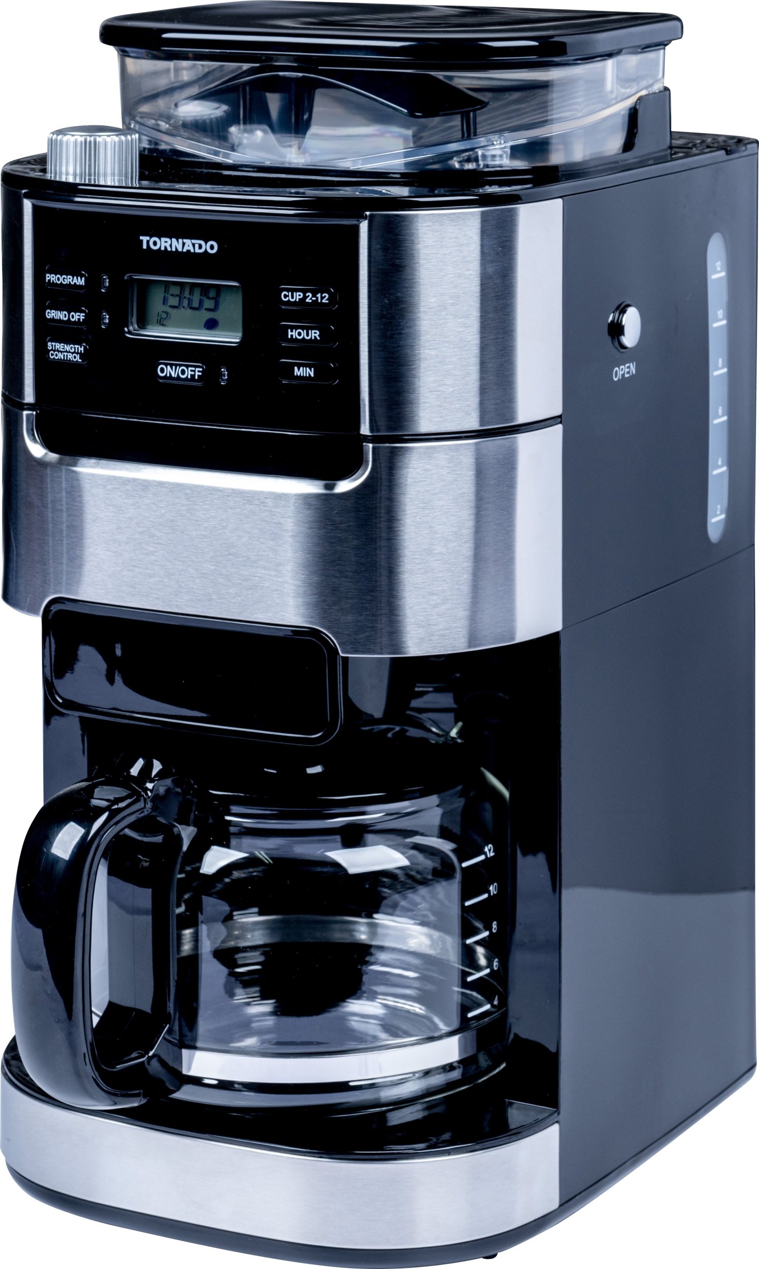 Tornado TCM-1025A-GS Cafetière à Filtre Manuelle Avec Broyeur Conique – 1,5 L – 12 Tasses – 900-1050 W – Acier Inoxydable – Noir