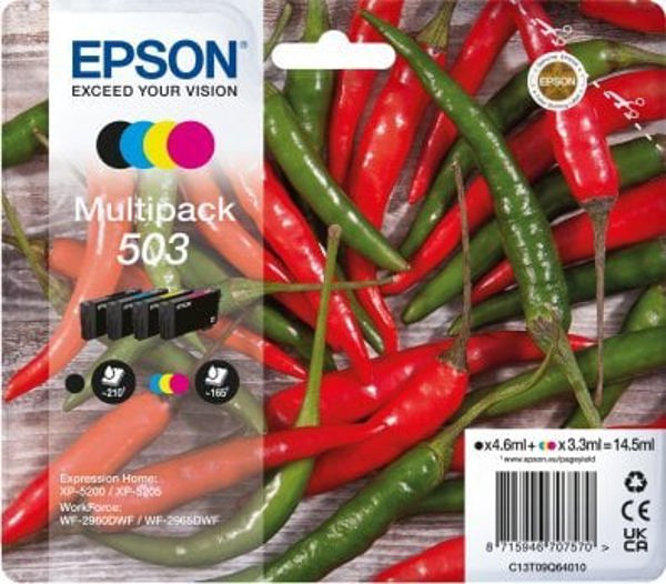 Μελάνι Epson Epson 503 Multipack - 4-πακέτο - Μαύρο, Κίτρινο, Κυανό, Μαγέντα - αυθεντικό - Συσκευασία με RF- / ακουστικό σήμα συναγερμού - Φυσίγγιο μελανιού - για Expression Home XP-5200, XP-5205, WorkForce WF-2960DWF, WF-2965DWF