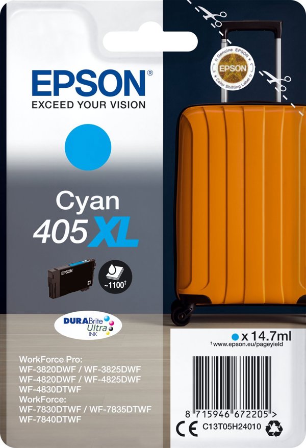 Μελάνι Epson Epson 405XL - 14.7 ml - XL - Κυανό - αυθεντικό - Συσκευασία με RF- / ακουστικό σήμα συναγερμού - Φυσίγγιο μελανιού - για WorkForce WF-7310, 7830, 7835, 7840, WorkForce Pro WF-3820, 3825, 4820, 4825, 4830