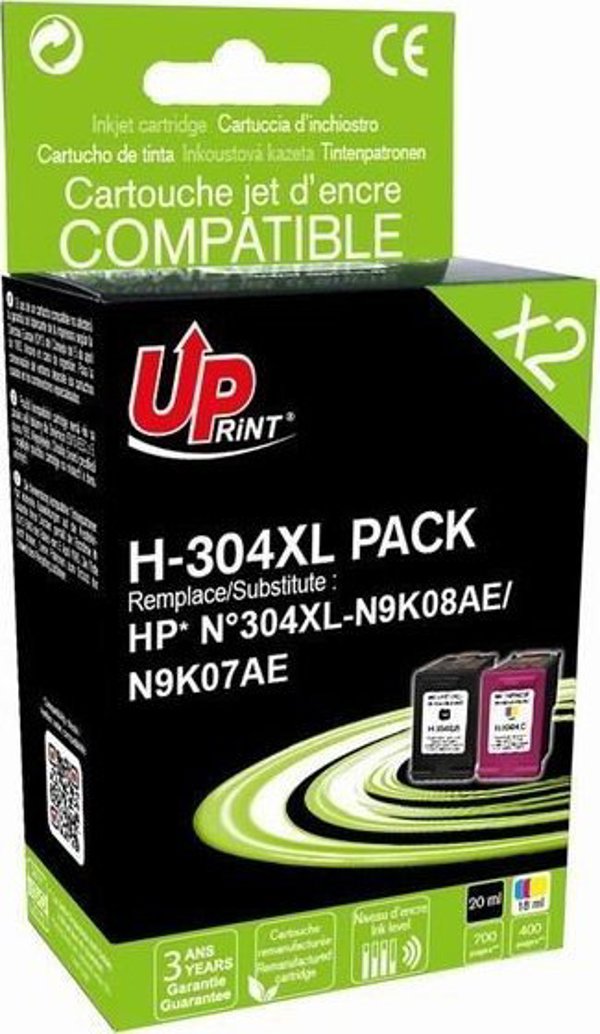 UPrint Σετ Συμβατών Μελανιών HP 304XL (N9K08AE+N9K07AE) Μαύρο & Έγχρωμο, 20ml/18ml για HP DeskJet 2620 Series
