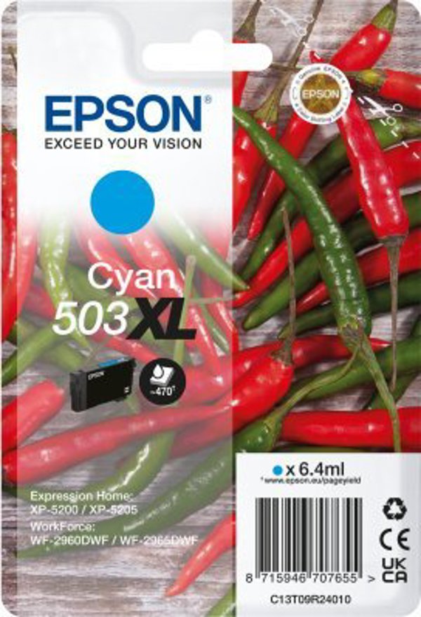 Epson 503XL Αυθεντικό Μελάνι Εκτυπωτή - Κυανό (Cyan) - XL - Για Expression Home XP-5200, XP-5205 & WorkForce WF-2960DWF