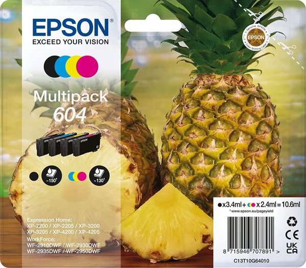Μελάνι Epson Epson 604 Multipack - 4-πακέτο - Μαύρο, Κίτρινο, Κυανό, Μαγέντα - αυθεντικό - Συσκευασία με RF- / ακουστικό σήμα συναγερμού - Φυσίγγιο μελανιού - γούνα Expression Home XP-2200, 2205, 3200, 3200-20,4, 2910, 2930, 2935, 2950 13401514 8715946707
