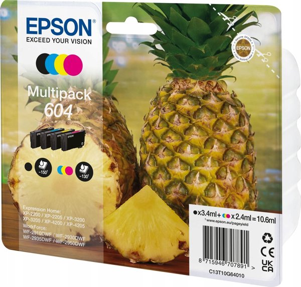 Μελάνι Epson Epson 604 Multipack - 4-πακέτο - Μαύρο, Κίτρινο, Κυανό, Μαγέντα - αυθεντικό - Συσκευασία με RF- / ακουστικό σήμα συναγερμού - Φυσίγγιο μελανιού - γούνα Expression Home XP-2200, 2205, 3200, 3200-20,4, 2910, 2930, 2935, 2950 13401514 8715946707