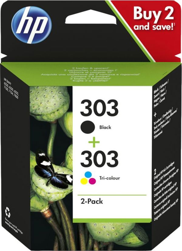 HP 303 Combo Pack Ink - 2 Pack - Μαύρο, Tri-Color με βάση τη βαφή - Ink Cartridge - for Envy Photo 6220, Photo 6230, Photo 7134 5522378 192545863988