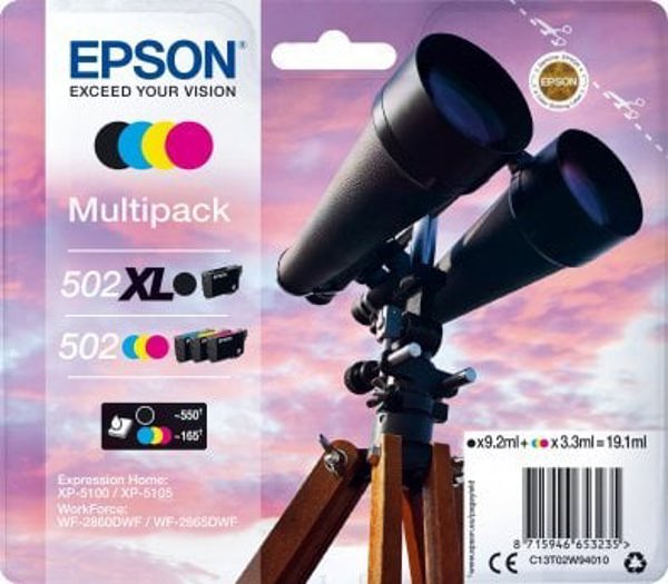 Epson Ink Epson 502XL Multipack - 4er-Pack - 19,1 ml - με υψηλή χωρητικότητα - Μαύρο, Κίτρινο, Κυανό, Μαγέντα - - Blister με RF- / ακουστικό σήμα συναγερμού - Κασέτα μελάνης - γούνα Expression Home XP-5100, XP-51 -2860, WF-2865DWF, WF-288 1378237