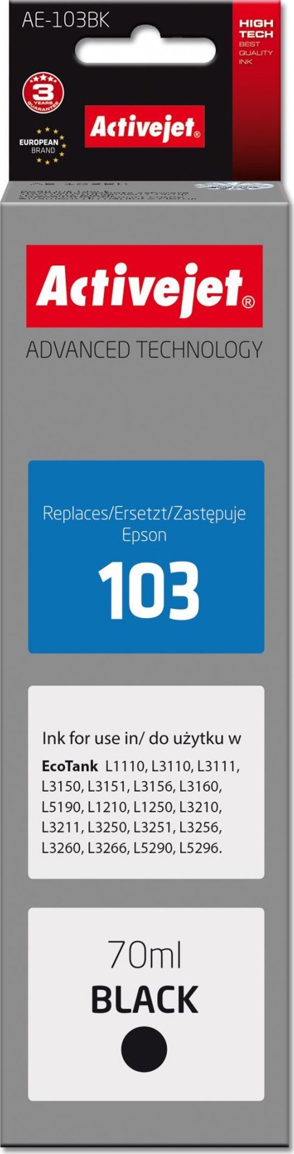 Activejet Μελάνι AE-103Bk για Epson 103 C13T00S14A, Συμβατό, Μαύρο, 70ml